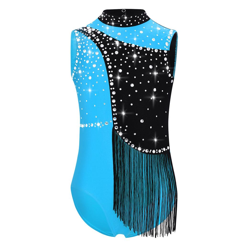 Girls Gymnastics Leotard Color Block Mock Neck Sleeveless Keyhole Back Shiny Rhinestones Tassels Bodysuit