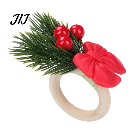 Christmas Eve Party Table Decor Mini Napkin Ring, Small Red Bow Wooden Holder with Reusable Supplies Berries Pine Cones for New Year Dinner