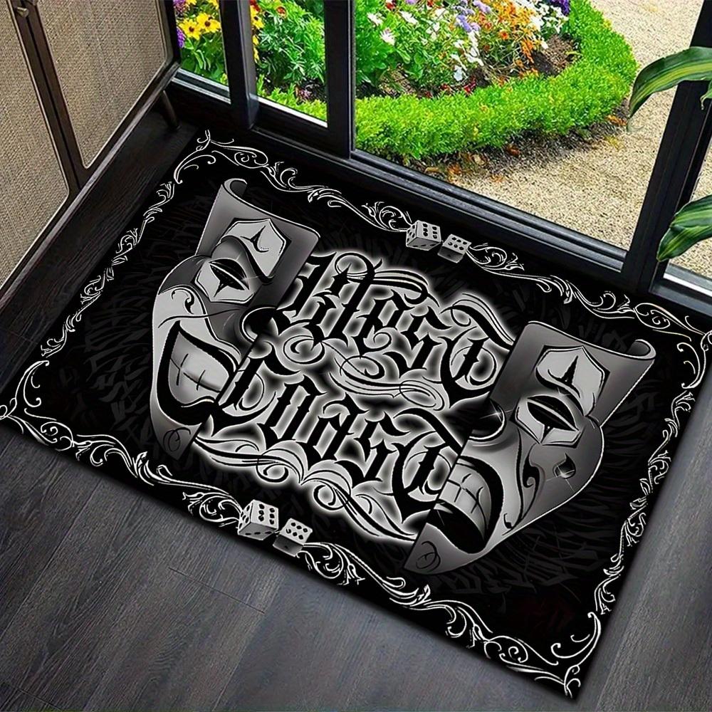 Gothic Comedy Tragedy Mask Welcome Mat Skeleton and Snake Gothic Style Non-slip Entrance Mat Fashionable Black Carpet 40x60cm