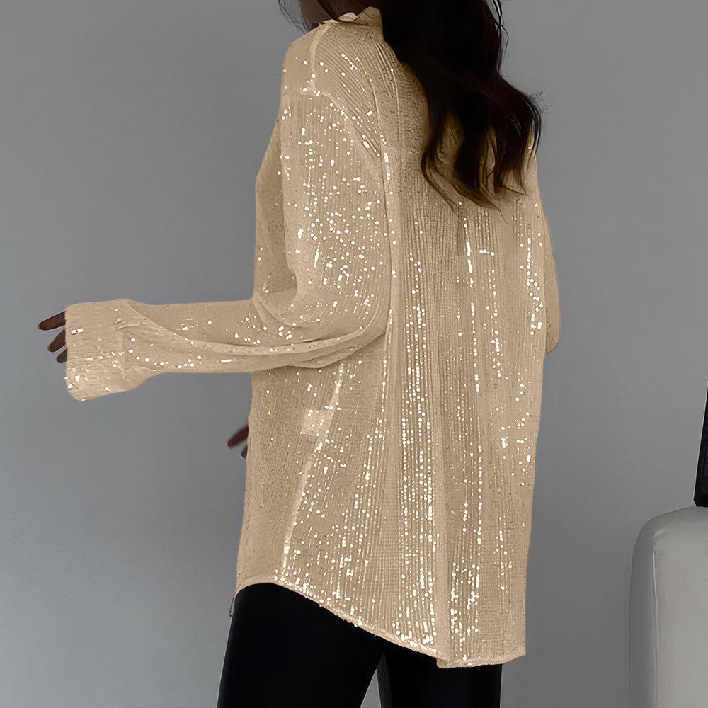 2026 Sexy Sequin Sparkle Lapel Single-Breasted Long Sleeve Women's Shirt