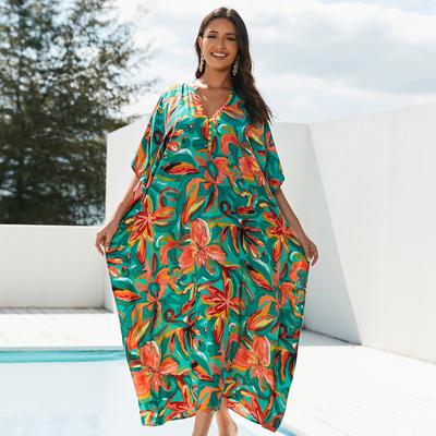 Beach Kaftans Flower Printed Summer Holiday Maxi Dresses Button Decoration Holiday Bathing Suits Hot Sales