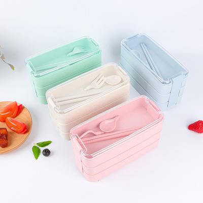 Dreischichtige Lunchbox rechteckig mit Geschirr Studentenwohnheim Lunchbox Plastikgabel Löffel Essstäbchen Bento-Box Frischhaltebox