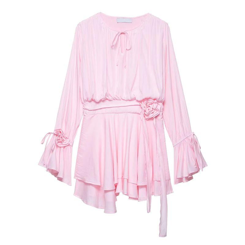 

Summer New Product Women s Clothes French Style Elegance V-neck Flared Long Sleeves Three-Dimensional Flower Ribbon Short High Waist Dress Pink L