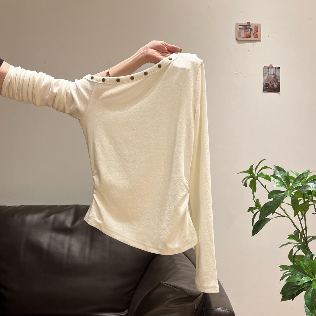 Casual High-waisted Trousers Women's Inner One-word Diagonal Neck Off-the-shoulder Long-sleeved T-shirt Autumn and Winter New Bottoming Shirt Top