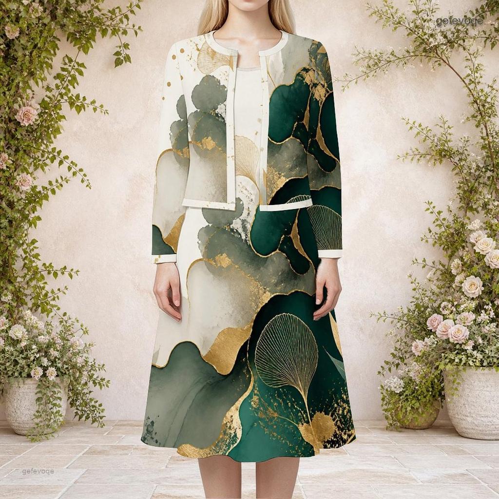 Women Plus Size Teal Blue Printed Round Neck Long Sleeve Cardigan Sleeveless Dress Two Piece Set