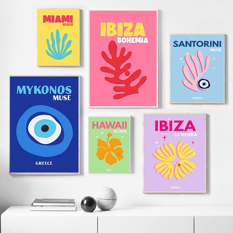 Preppy Color Travel Posters Miami Bondi Palms Ibiza Mykonos Capry Art Print Minimalist Nordic Canvas Painting Living Room Decor