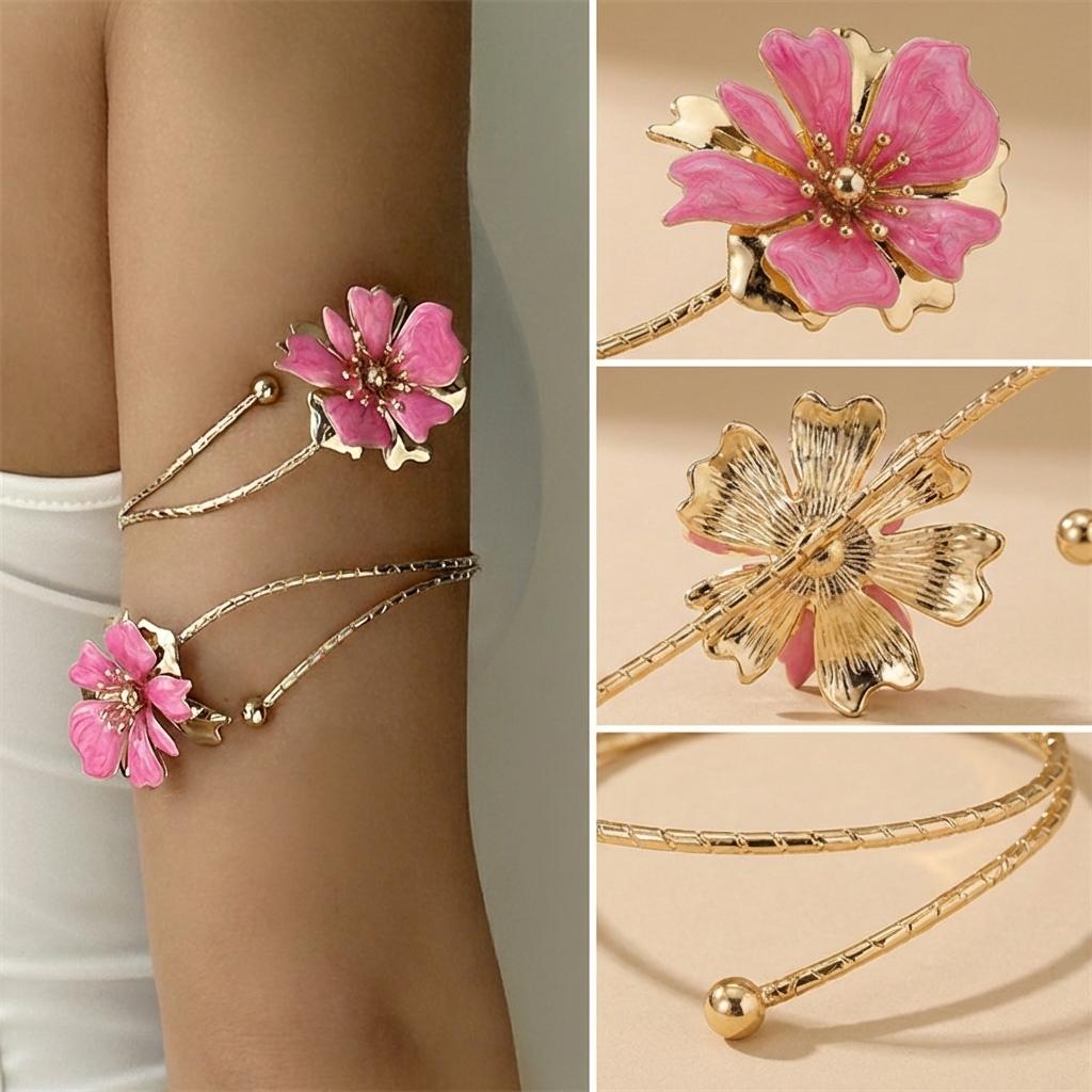 Gold Color Spiral Upper Arm Cuff Bracelet for Women Pink Enamel Flower Armlet Bracelet Fashion Summer Body Jewelry Gifts