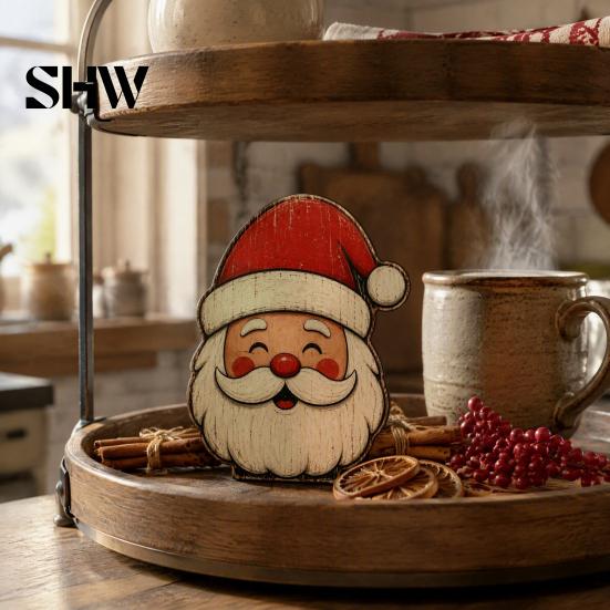 Decorative Shelf Statues Christmas Wooden Table Decorations, Santa Claus Snowman Reindeer Desktop Ornaments, Indoor Holiday Displays Distressed Tiered