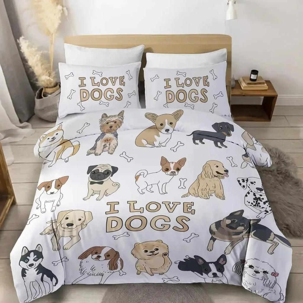 Pug Corgi Shiba Puppy Duvet Cover Set Dog Comforter Cover I Love Dogs Bedding Sets Kawaii Animals Cartoon Bedspreads Full Size