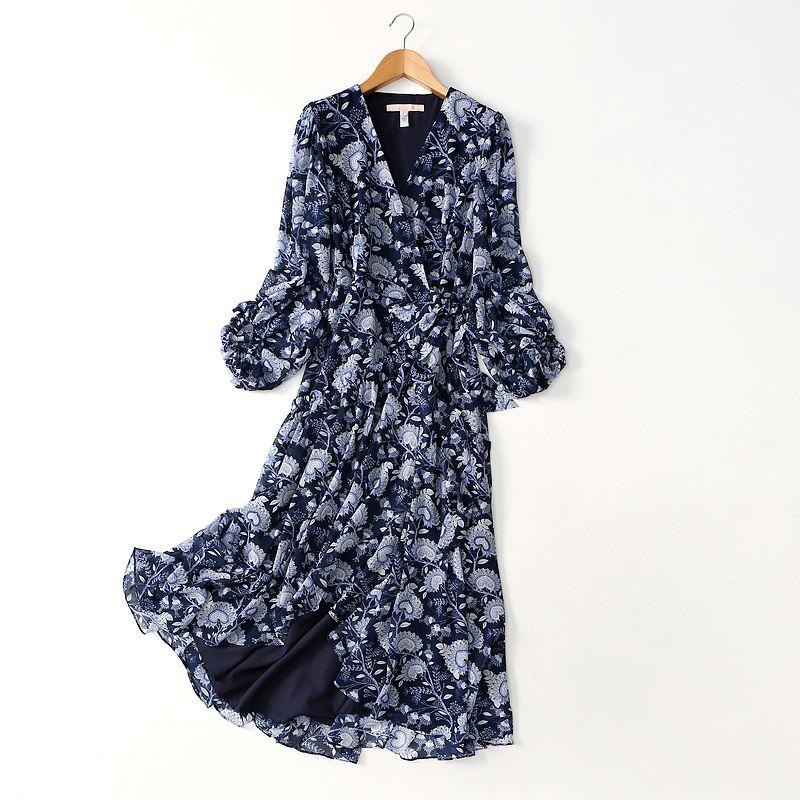 

Export Export Elegant Elegance Chinese Classical Printed V-neck Lacing Chiffon Dress Mid Length Long Length Tea Dress Tibetan Blue Euro code-S