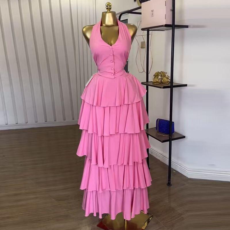 

Fashion Wind Fashion Halter Backless Sexy Vest Skirt Suit Sexy Vest and Skirt Set Pink XXL