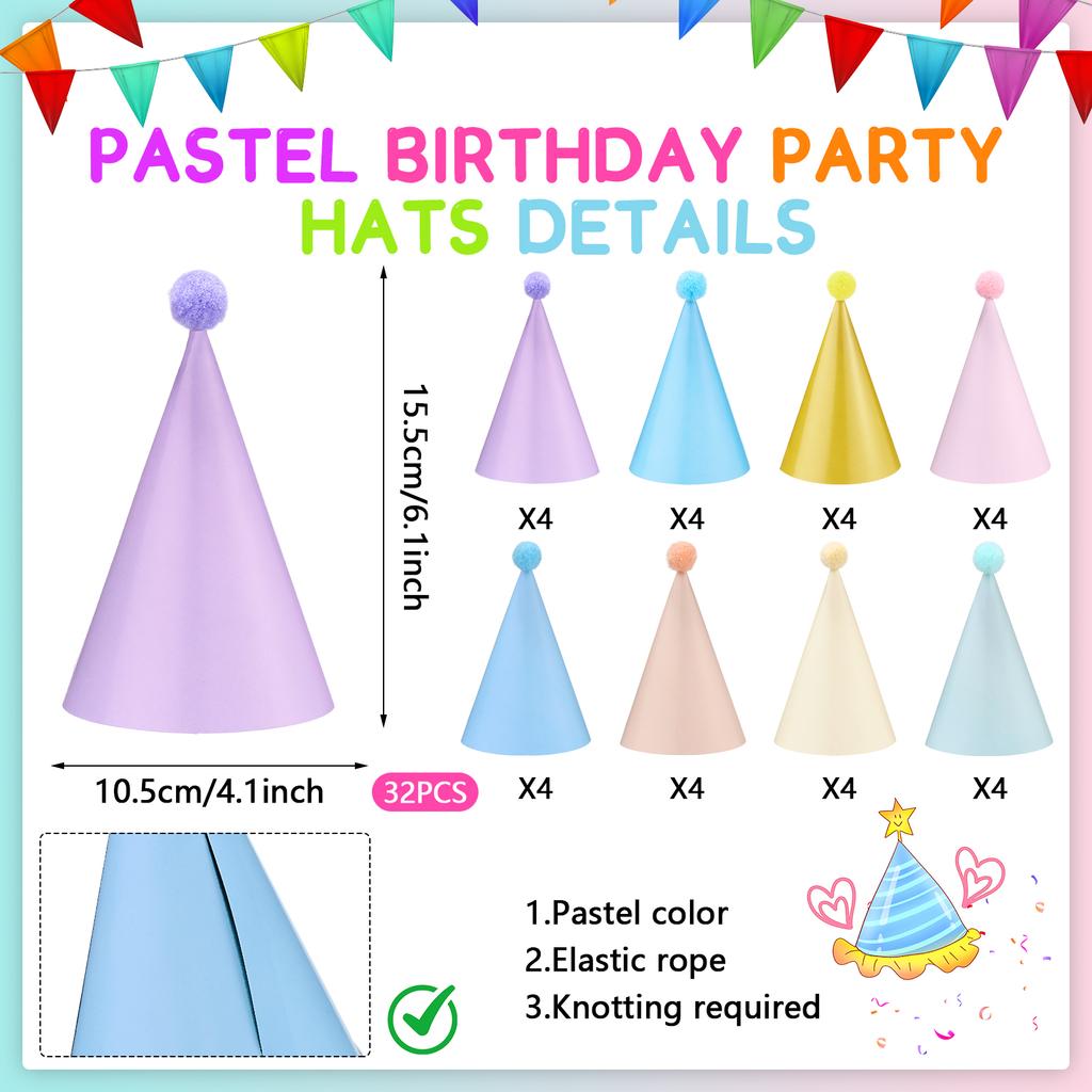 Pastel Birthday Party Hats For Kids Glitter Powder Rainbow Cone Kids Hats Pastel Rainbow Themed Paper Ha-Ts