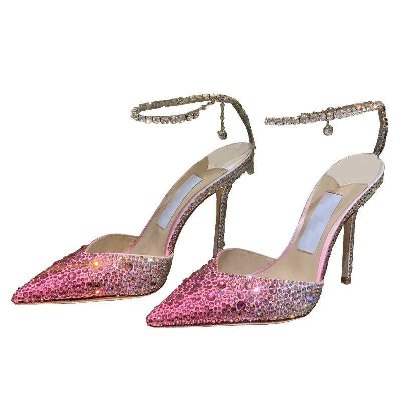 Fashion Gradient Pink Toe, Thin Heel Sandals, Women'S Full Diamond, Two-Tone, European And American Style, Mid-Back Hollow, Strappy High