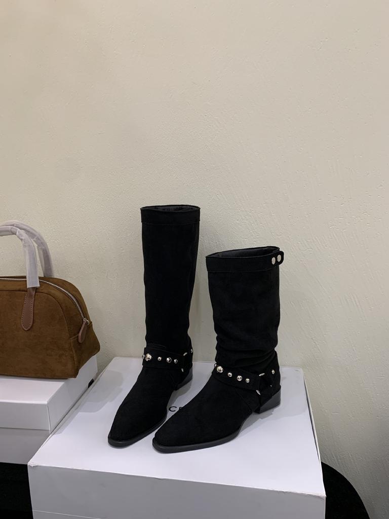 Retro Western Cowboy Boots Women's 2025 Autumn New Niche Design Belt Buckle Thick Heel High Knight Boots