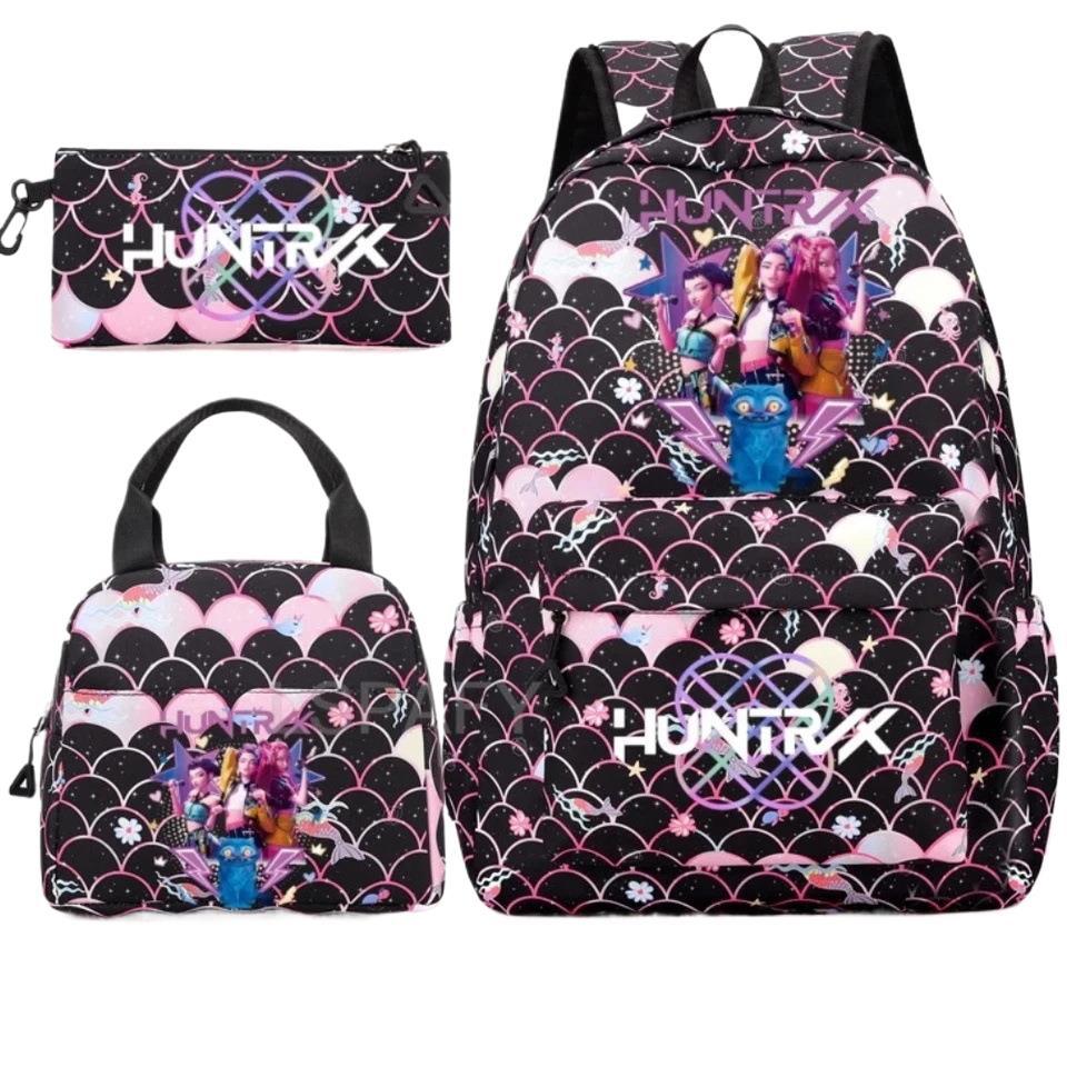 KPOP Nylon 3 Piece Set School Backpack for Students with Cartoon Print Air Cushion Design