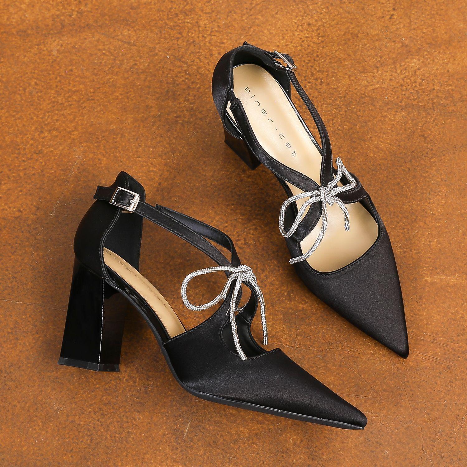 89812 [овчина] женские туфли на высоком толстом каблуке 2025 новый острый полый стразы бант туфли 34