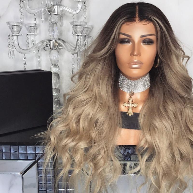 European and American new wig medium gradual change yellow long curly hair women's big wave wig rose net