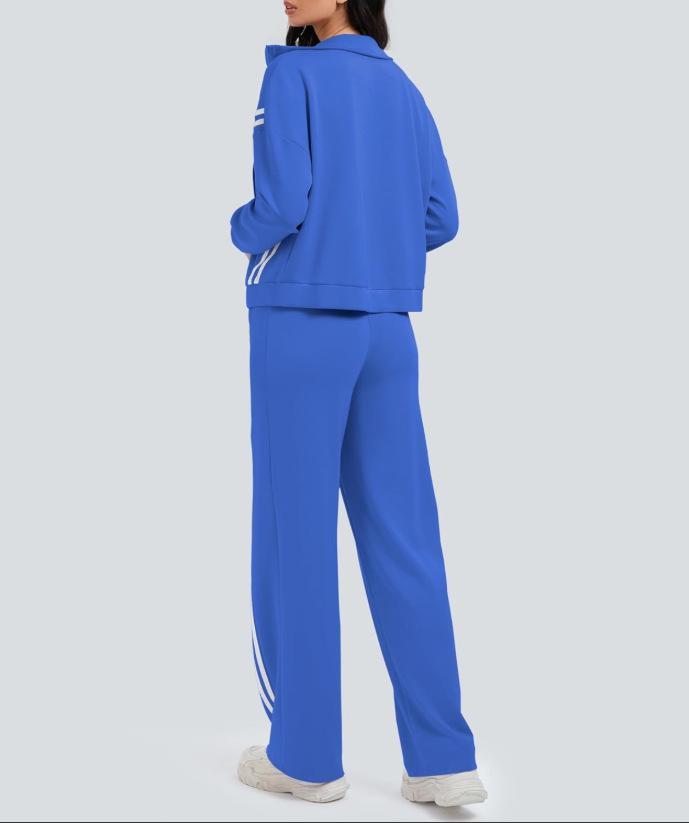 Jesienno-zimowy damski dres typu color block: Dwuczęściowy zestaw kurtki zapinanej na zamek i spodni z szerokimi nogawkami do noszenia na co dzień.