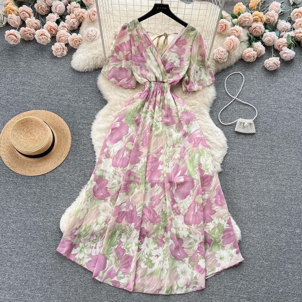 Frauen Chiffon Floral Lange Kleid Koreanische V-ausschnitt Kurzarm A-linie Party Kleider Sommer Böhmischen Stil Strand Vestidos