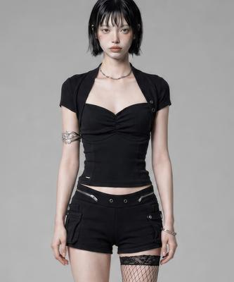 ETRE AU SOMMET Shirring Eyelet Bolero Top (Black)