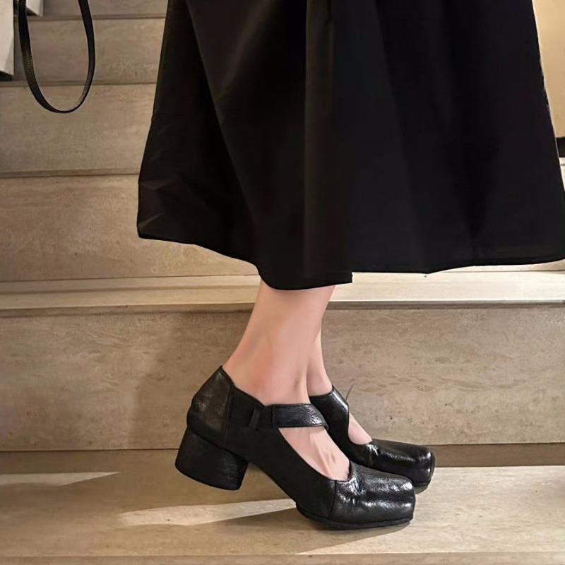 

Cowhide version~ Leather thick heel Mary Jane single shoes women s word with black small leather shoes high heel ballet shoes 34