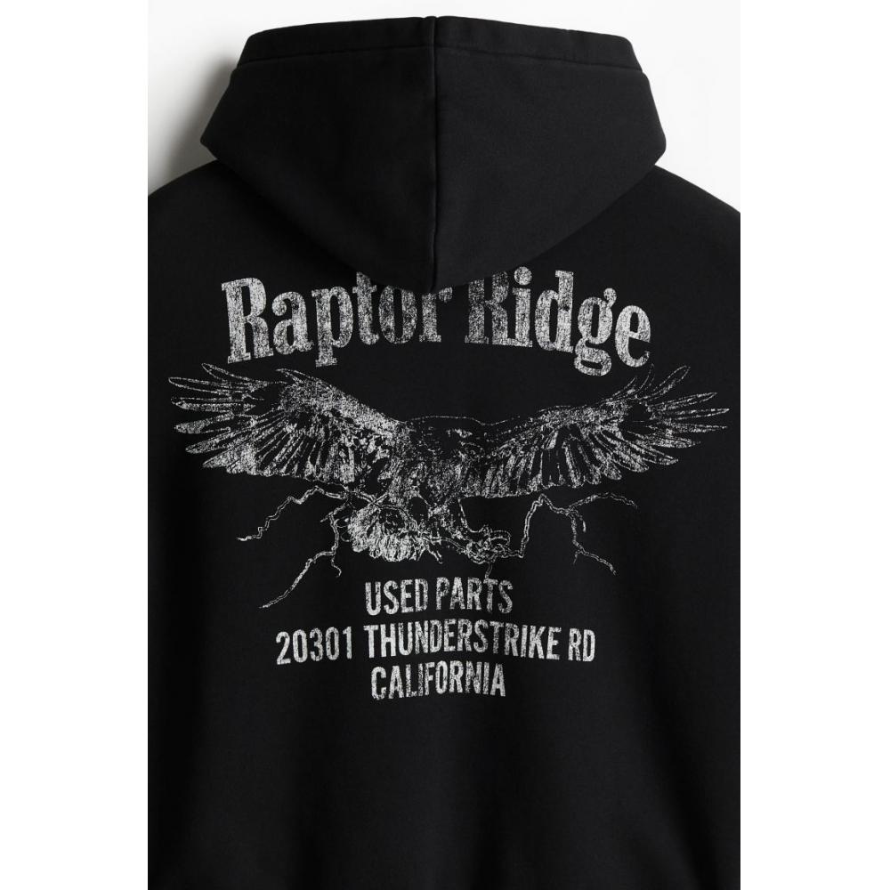 H M Printed Hoodie Loose Fit Black Raptor Ridge
