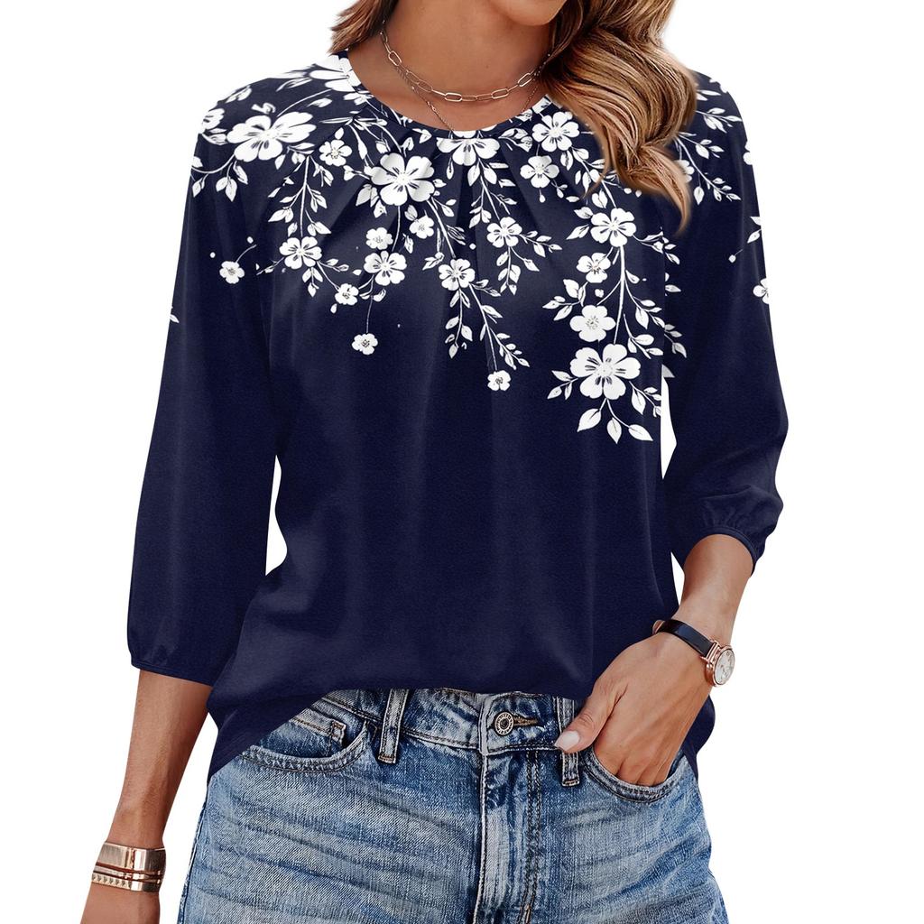 Women Floral Print 3/4 Sleeve Round Neck Pleated Casual Blouse Top Lightweight Comfortable Fit