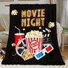 Movie Night Film Reel Popcorn Flannel Blanket, Plush Soft 100% Polyester Cinema Theme for Home Theater Camping Couch Gift