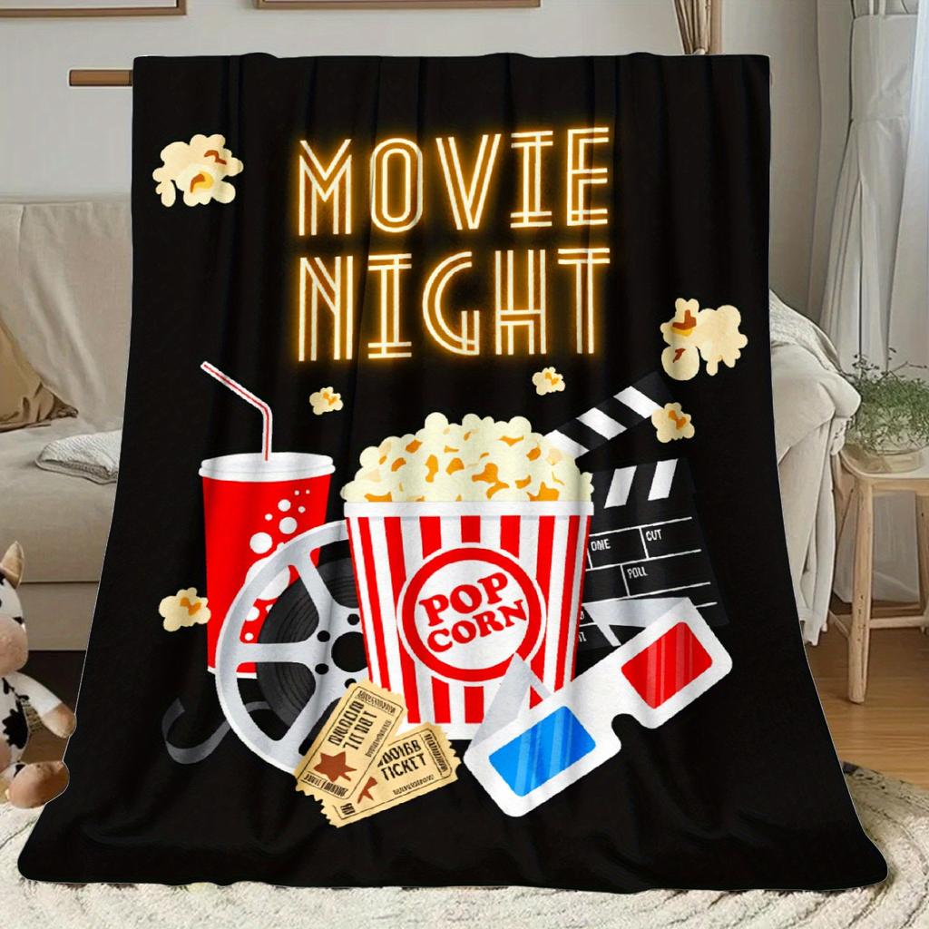 Movie Night Film Reel Popcorn Flannel Blanket, Plush Soft 100% Polyester Cinema Theme for Home Theater Camping Couch Gift