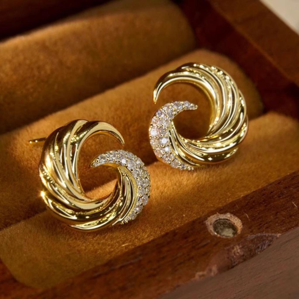 Swirl Wave Stud Earrings for Women Elegant Gold Tone Paved Stone Earrings for Daily and Special Occasions