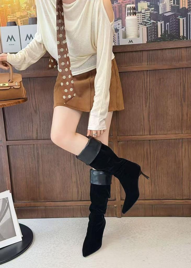 Autumn and winter pointed-toed thin-heeled long-tube sheepskin Maillard stacked medium boots