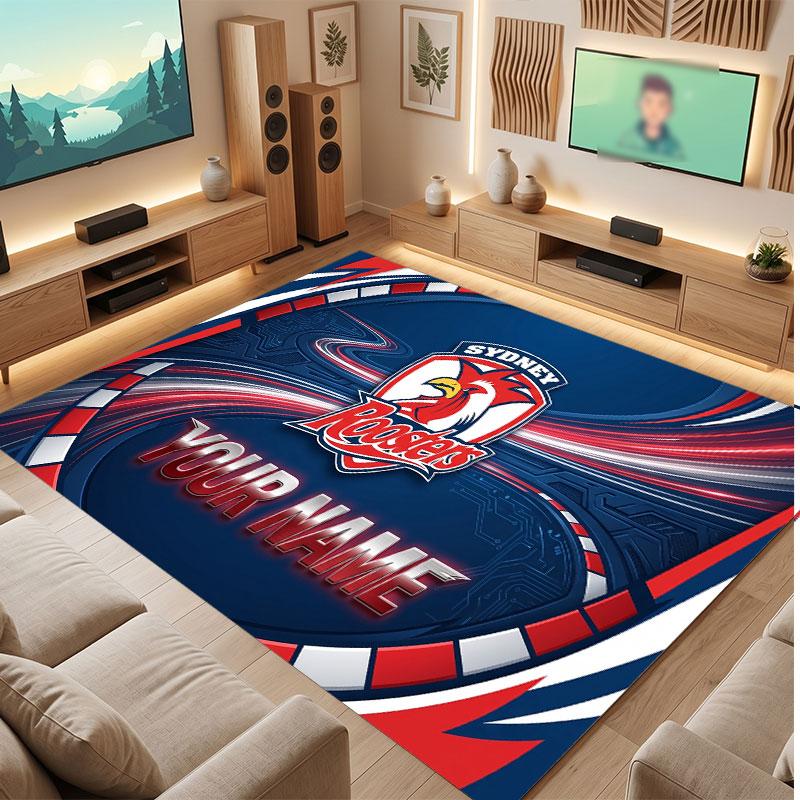 Sydney Roosters Personalized Crystal Velvet Carpet, Customized Name Text Soft Anti‑Slip Rug for Living Room Bedroom
