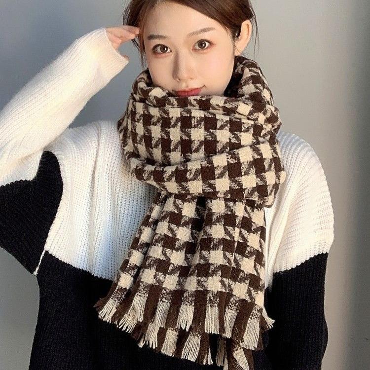 New two-color thousand bird grid scarf women's winter Korean version versatile high-end sense thickened women's autumn and winter warm scarf