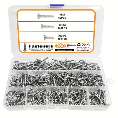 Ensemble de 260 vis autotaraudeuses TEK en acier inoxydable 410, #8 Vis à tête cruciforme autoperceuse pour métal, construction et réparation