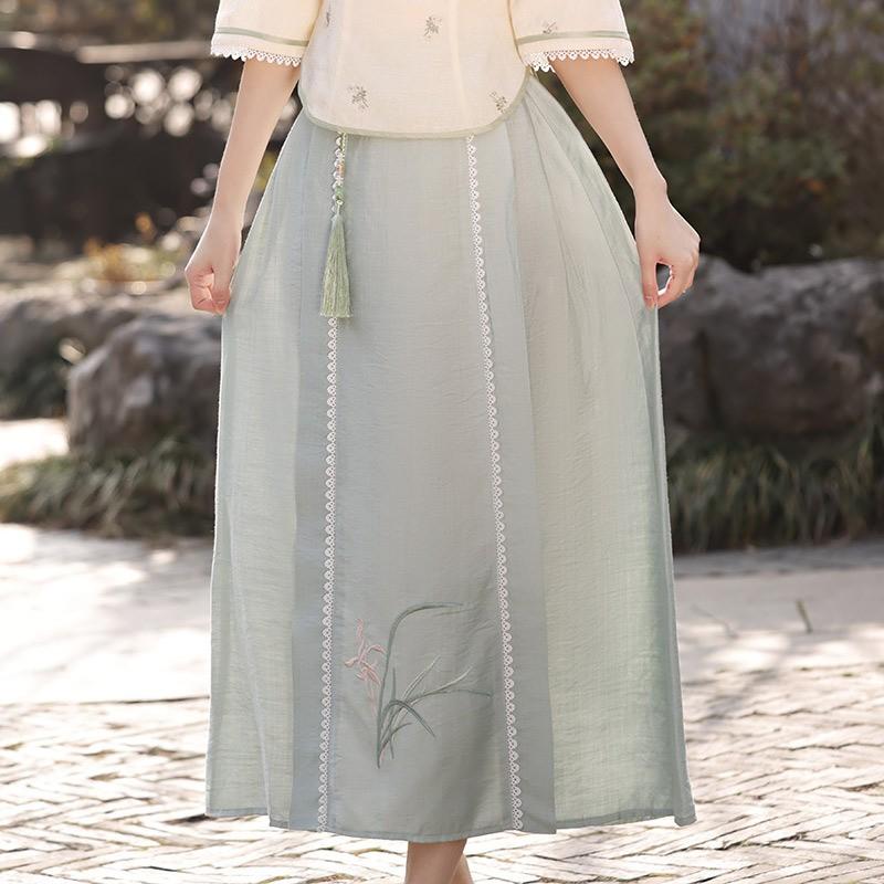 Womens Vintage-Inspired Linen Cotton Blouse Skirt Set Retro Chinese Style Two-Piece Outfit Daily Wear