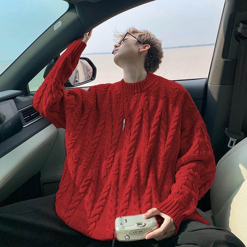 

Men s Trendy Plus Size Cable Knit Sweater - American Style, Round Neck, Autumn Outerwear 2XL for 145-160 jin червоний