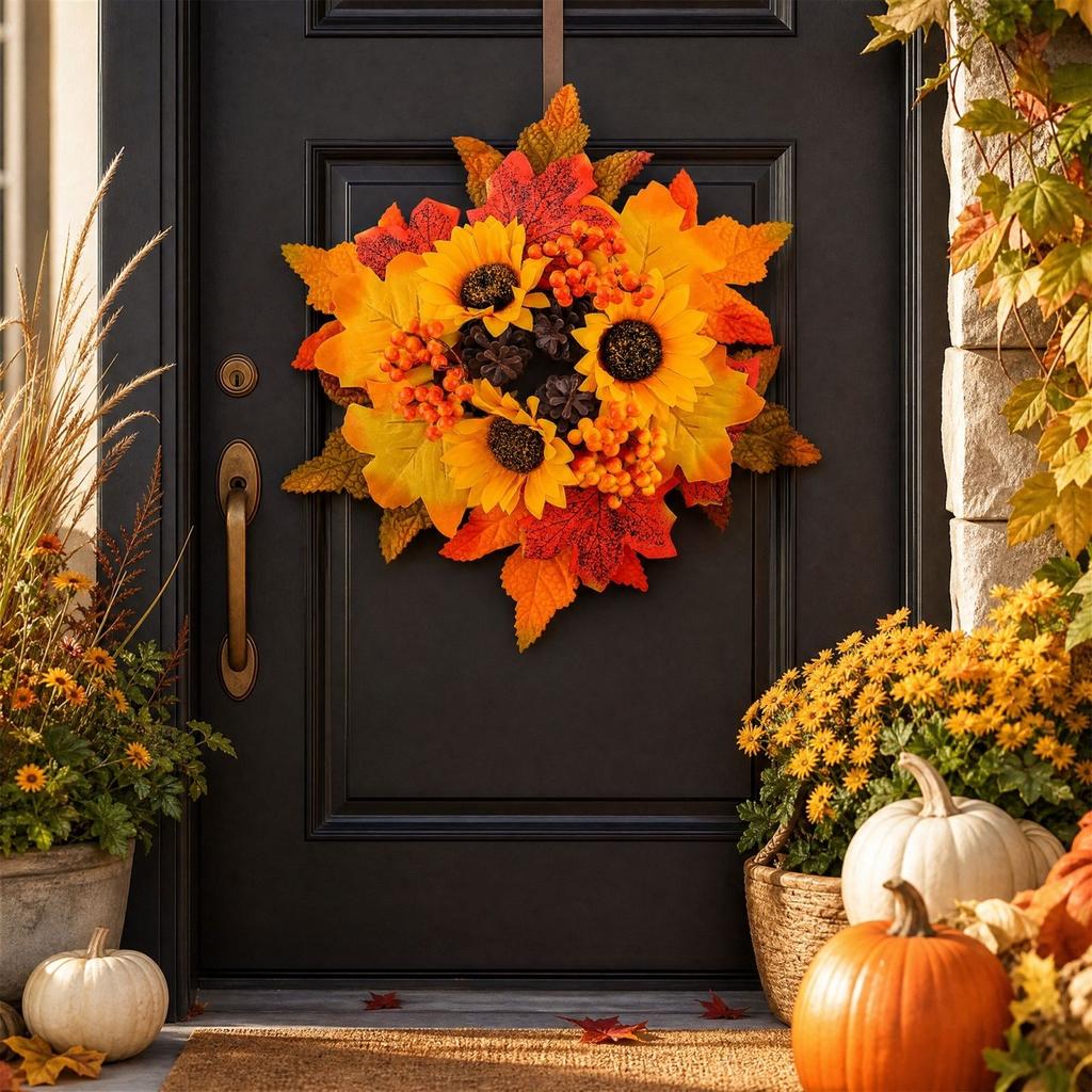 Artificial Maple Leaf Door Wreath with Berries and for Fall and Christmas Decorations
