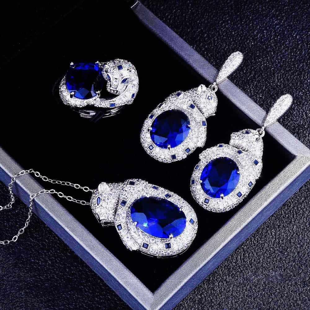 Women Jewelry Set Royal Blue Sapphire Emerald Panther Luxury Full Diamond Panther Head Necklace Open Ring