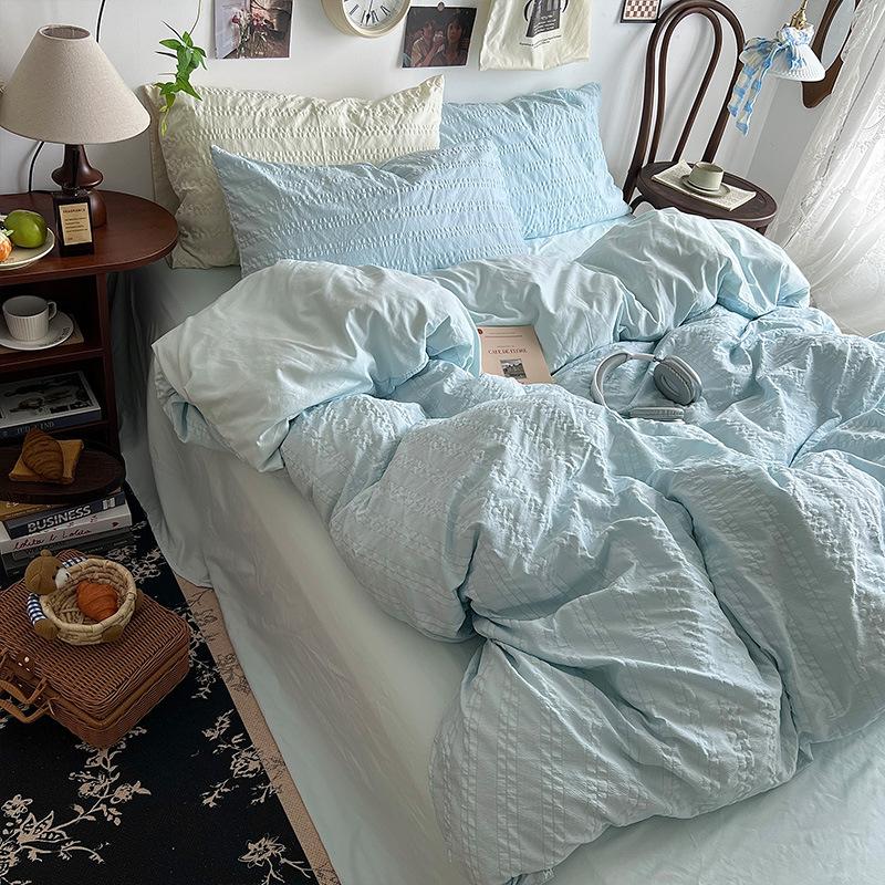 Seersucker Cloud Cotton 4Pcs Set Solid Color Bed Sheet Mattress Quilt Cover 3Pcs Set