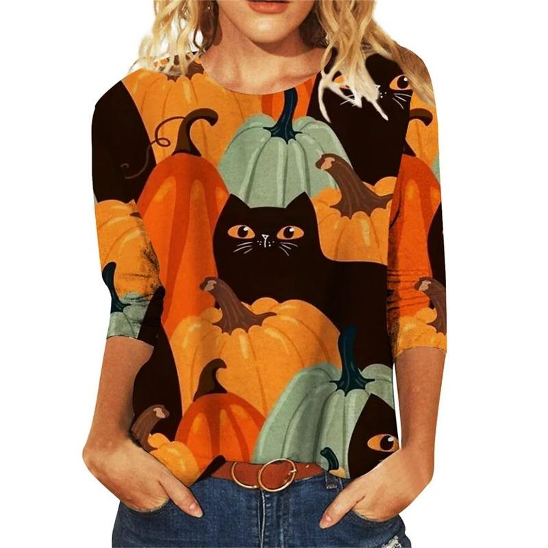 

Женские футболки с 3D-принтом в виде кошки-тыквы, повседневные, с длинным рукавом - Мягкая полиэстеровая ткань средней эластичности, весенне-осенняя одежда свободного кроя 5XL