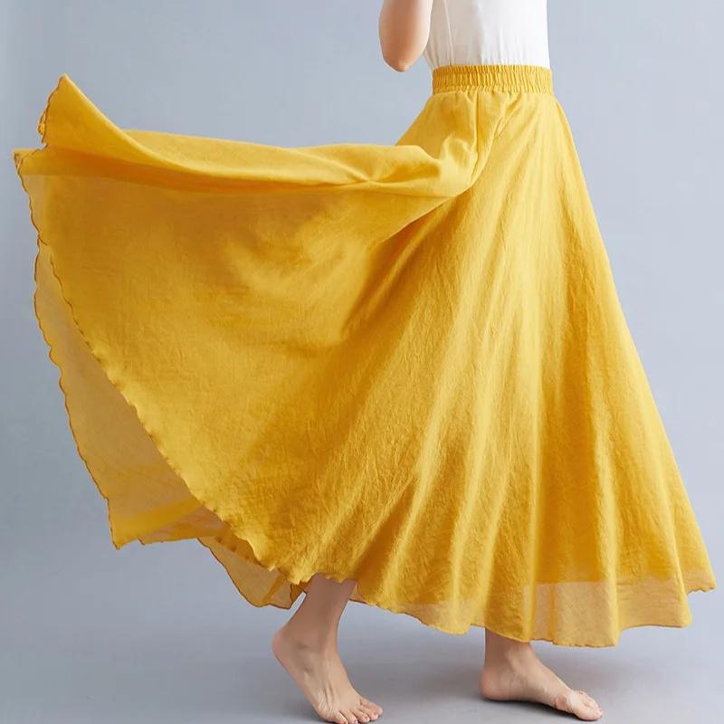 Women Linen Cotton Long Skirts Elastic Waist Pleated Maxi Skirts Beach Boho Vintage Summer Skirts Faldas Saia