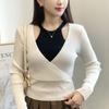 Pure Desire Style Fake Two-Piece Off-The-Shoulder Splicing Knitted Sweater Women'S Spring And Autumn New Korean Slim-Fit Long-Sleeved Top