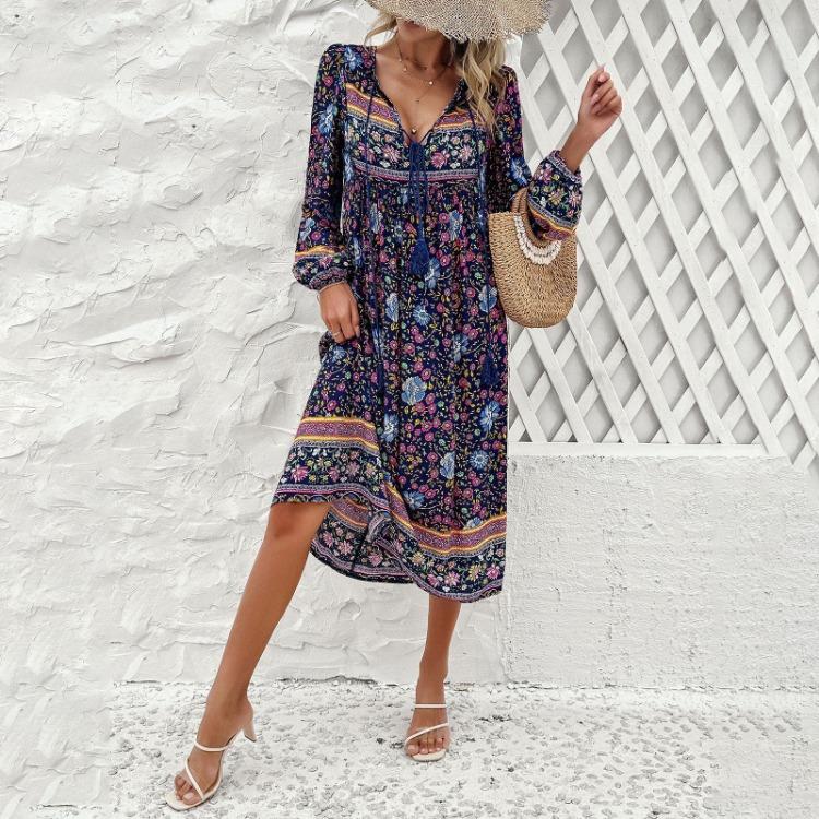 Spring Summer Casual Vacation Women Printed Long Sleeved Dress