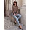 Women Loose Round Neck Pleated Puff Long Sleeve Solid Color T Shirt Top