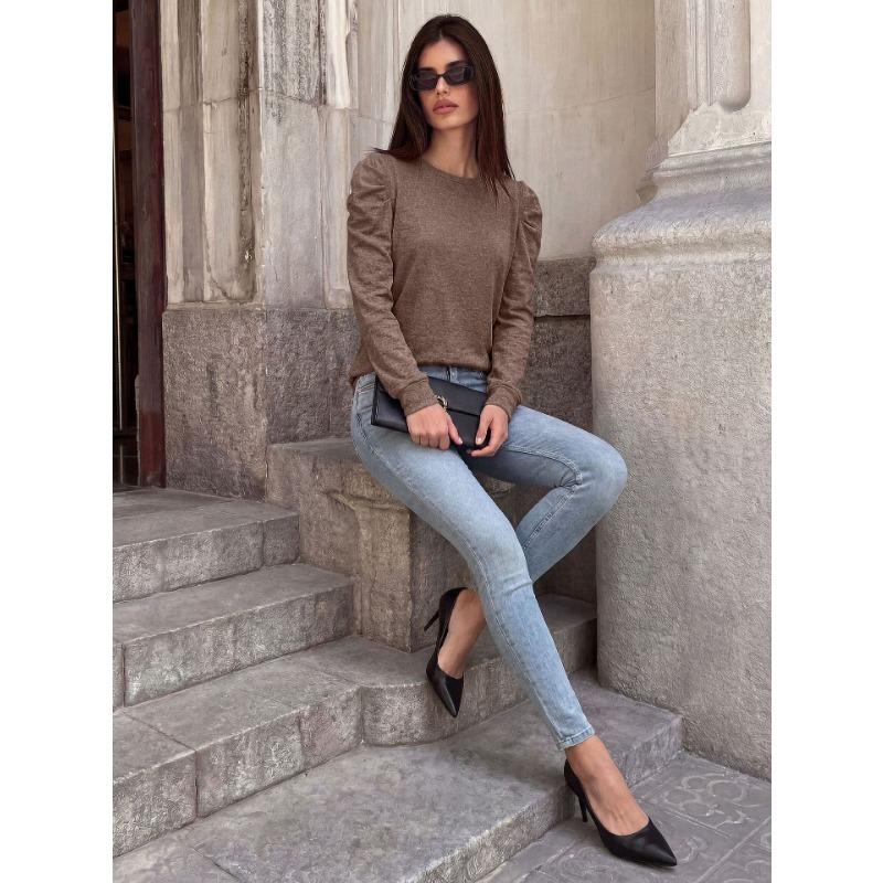 Women Loose Round Neck Pleated Puff Long Sleeve Solid Color T Shirt Top