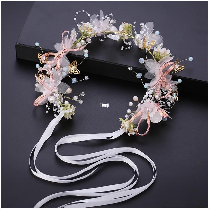 Mori Style Fairy Flower Crown Headband with Ribbons - Flower Girl Princess Birthday Accessory