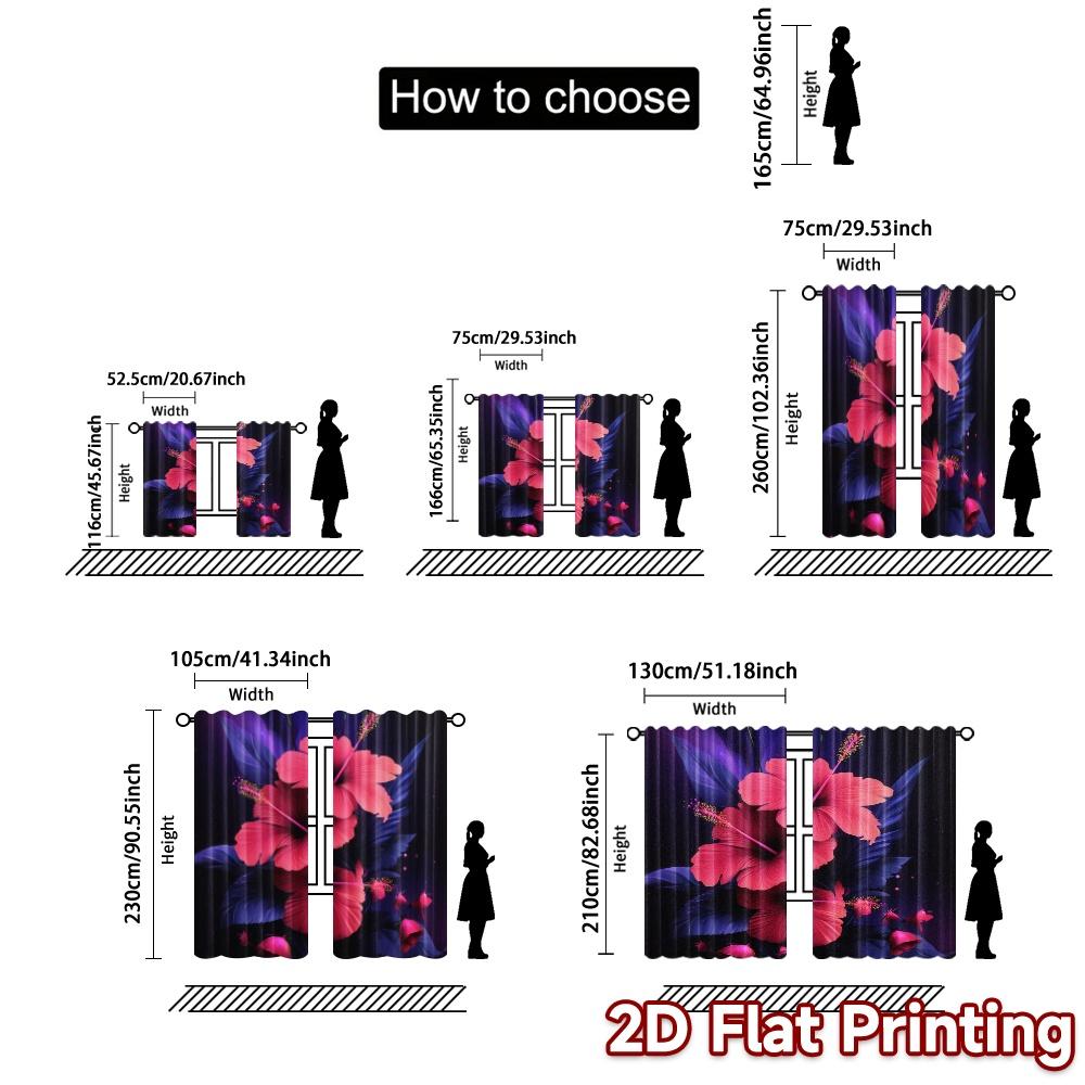 2D FLAT PRINTING 2pcs Curtains (Without Rod) Floral Hibiscus in Neon Glow Ramadan Festival Fashion Curtains Durable Polyester