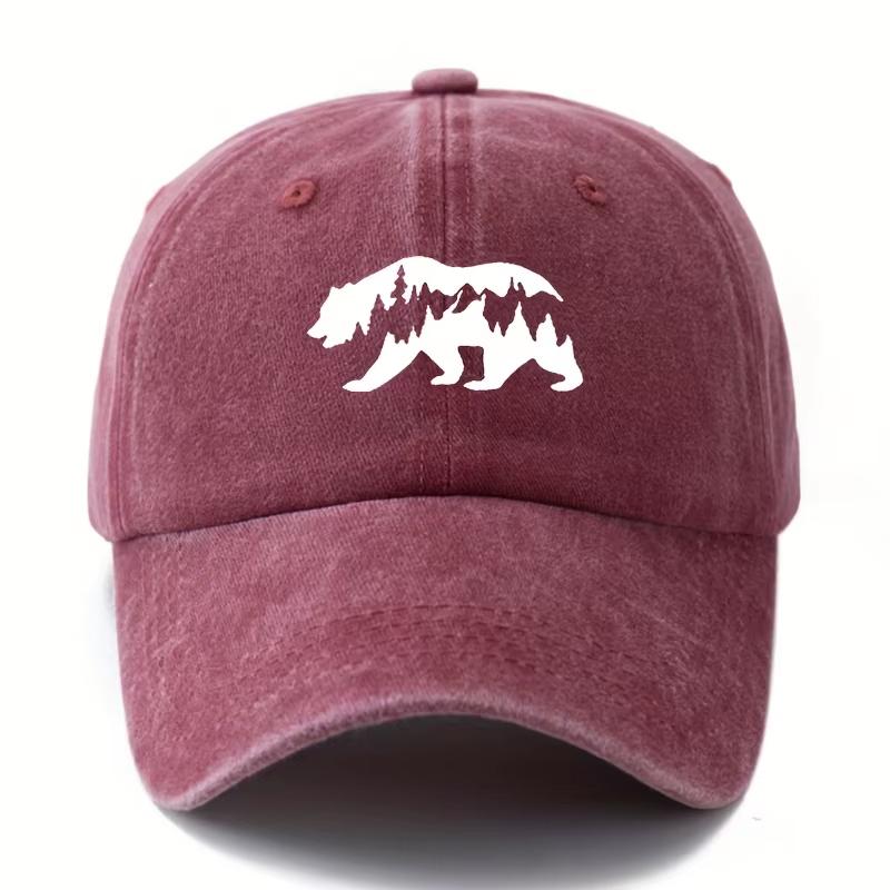 Bear print washed baseball cap with adjustable lightweight sun protection hat suitable for outdoor activities and camping