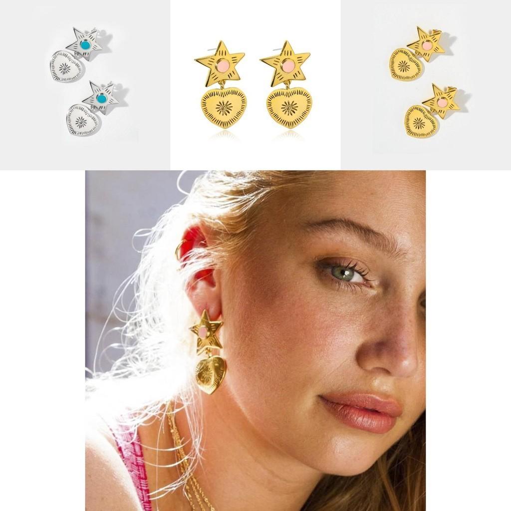 Retro Metal Star Heart Dangle Earrings Elegant Alloy Unisex Jewelry