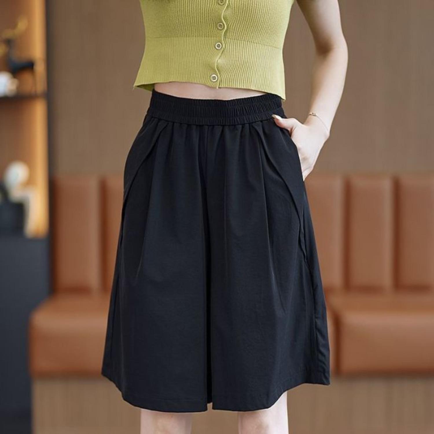Women s High Waist A Line Wide Leg Shorts Culottes Casual Loose Fit Summer Skort M чёрный